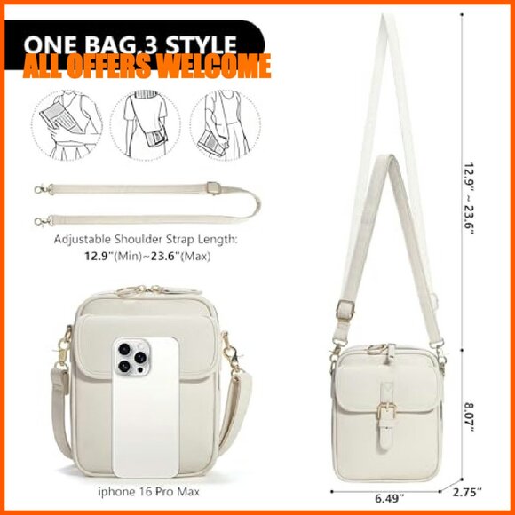 Vegan Leather Crossbody Bag with Card Slots, Adjustable Strap, Multi-Pocket - Picture 4 of 8